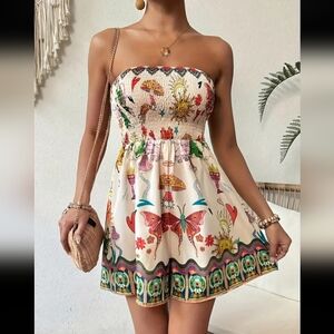 Natural W/ Border Print Strapless Romper